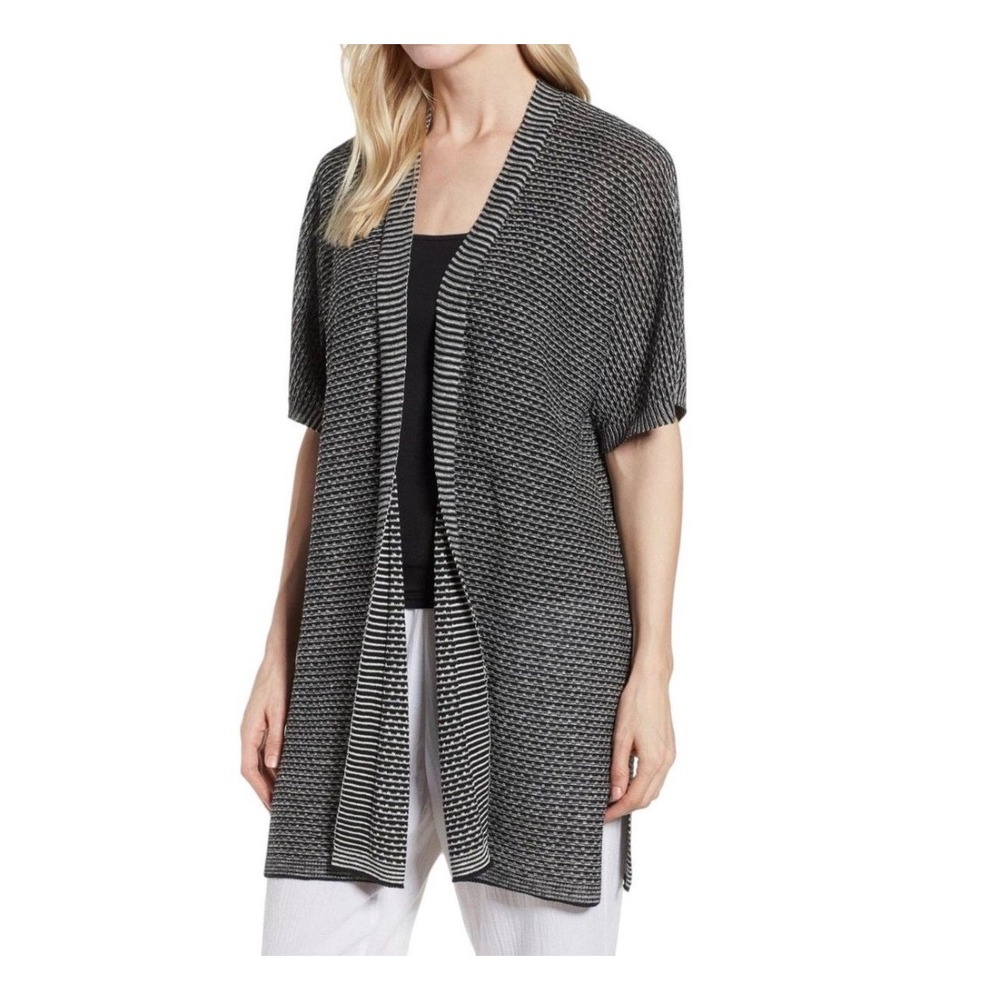 Eileen Fisher Cardigan Womens Small Black White Organic Linen Striped Open Front